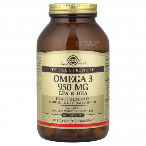 Solgar, омега-3, ЭПК и ДГК, тройная сила, 950 мг, 100 капсул - описание | фото