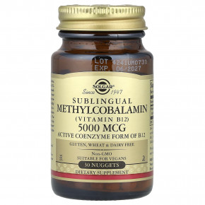 Solgar, сублингвальный метилкобаламин (витамин B12), 5000 мкг, 30 таблеток - описание | фото