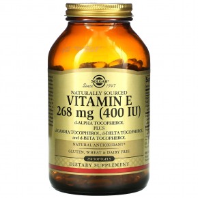 Solgar, Натуральный витамин E плюс d-гамма-токоферол, d-дельта-токоферол и d-бета-токоферол, 268 мг (400 МЕ), 250 мягких таблеток - описание