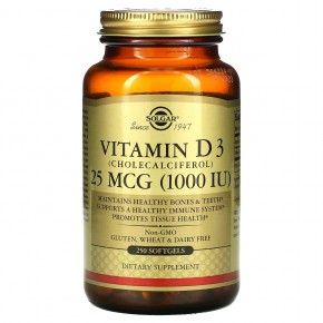 Solgar, витамин D3, холекальциферол, 25 мкг (1000 МЕ), 250 капсул - описание