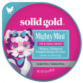 Solid Gold, Mighty Mini ™, для собак мелких пород, с курицей, нутом и тыквой в соусе, 99 г (3,5 унции) - описание