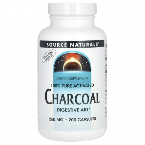 Source Naturals, 100% чистый активированный уголь, 260 мг, 200 капсул - описание | фото
