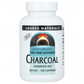 Source Naturals, 100% чистый активированный уголь, 520 мг, 100 капсул (260 мг в каждой капсуле) - описание | фото