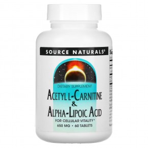 Source Naturals, ацетил-L-карнитин и альфа-липоевая кислота, 650 мг, 60 таблеток - описание