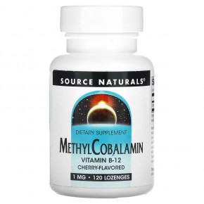 Source Naturals, витамин B12 в виде метилкобаламина, со вкусом вишни, 1 мг, 120 леденцов - описание