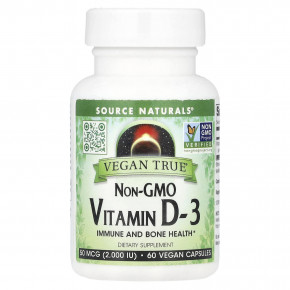 Source Naturals, Vegan True®, витамин D3 без ГМО, 50 мкг (2000 МЕ), 60 веганских капсул - описание