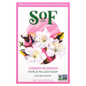 SoF, Кусковое мыло, пилированное по-французски, с органическим маслом ши, с ароматом цветущей вишни, 170 г (6 унций) - описание