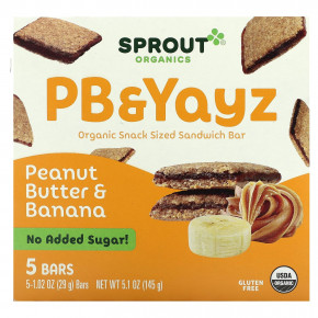 Sprout Organics, PB & Yayz, органический сэндвич-батончик для снеков, арахисовое масло и банан, 5 батончиков, 29 г (1,02 унции) в Москве - eco-herb.ru | фото