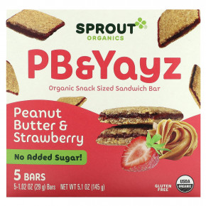 Sprout Organics, PB & Yayz, органический сэндвич-батончик для снеков, с арахисовым маслом и клубникой, 5 батончиков, 29 г (1,02 унции) в Москве - eco-herb.ru | фото