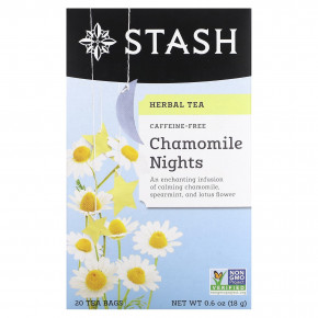 Stash Tea, Herbal Tea, Chamomile Nights, без кофеина, 20 чайных пакетиков, 18 г (0,6 унции) - описание