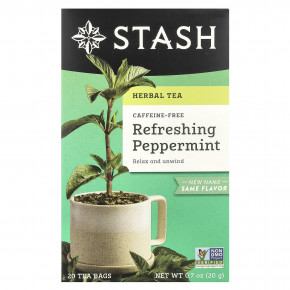 Stash Tea, Herbal Tea, освежающая перечная мята, без кофеина, 20 чайных пакетиков, 20 г (0,7 унции) - описание | фото