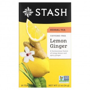Stash Tea, травяной чай, лимон и имбирь, без кофеина, 20 чайных пакетиков, 34 г (1,1 унции) - описание