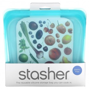 Stasher, Aqua, многоразовый силиконовый контейнер для еды, удобный размер для бутербродов, средний, 450 мл (15 жидк. унций) - описание