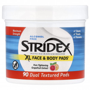 Stridex, XL Face & Body Pads™, без спирта, 90 подушечек с двойной текстурой - описание | фото