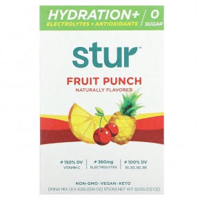 Stur, Hydration + Electrolytes + Antioxidants Drink Mix, Fruit Punch, 8 Sticks, 0.14 oz (4 g) Each - описание
