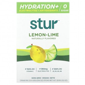 Stur, Смесь для приготовления напитка с гидратацией, электролитами и антиоксидантами, лимон и лайм, 8 палочек по 4 г (0,14 унции) - описание