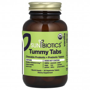 Sunbiotics, Tummy Tables, жевательные таблетки с пробиотиками и пребиотиками, со вкусом ванили, 30 вегетарианских таблеток - описание | фото