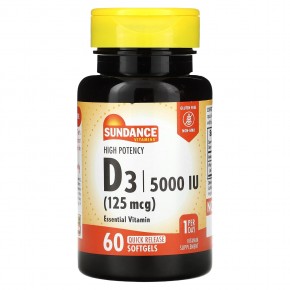 Sundance Vitamins, D3, высокая эффективность, 125 мкг (5000 МЕ), 60 капсул быстрого высвобождения - описание