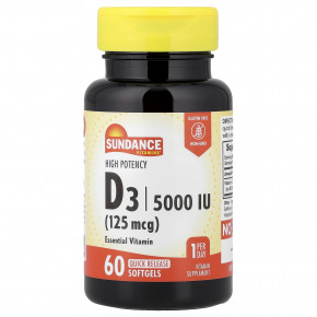 Sundance Vitamins, витамин D3, высокоактивный, 125 мкг (5000 МЕ), 60 капсул с быстрым высвобождением - описание | фото
