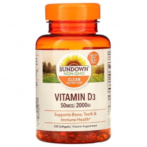 Sundown Naturals, Витамин D3, 50 мкг (2000 МЕ), 350 мягких таблеток - описание