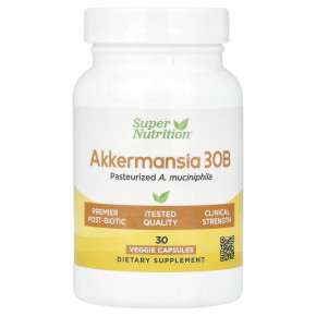 Super Nutrition, Akkermansia 30B, пастеризованная аккермансия (A. muciniphila), 30 растительных капсул - описание