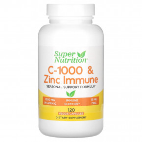 Super Nutrition, добавка для укрепления иммунитета C-1000 с цинком, 120 растительных капсул - описание | фото