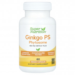 Super Nutrition, Ginkgo PS Phytosome, фитосома гинкго с ФС, с экстрактом гинкго, 480 мг, 60 растительных капсул - описание | фото