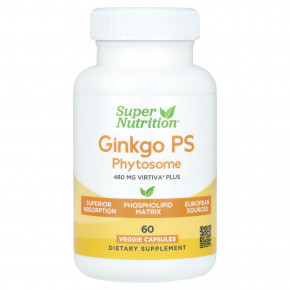 Super Nutrition, Ginkgo PS Phytosome, фитосомы гинкго с ФС, 480 мг, 60 растительных капсул - описание | фото