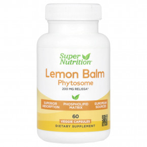 Super Nutrition, Lemon Balm Phytosome, фитосома мелиссы лекарственной с подсолнечным лецитином, 200 мг, 60 растительных капсул - описание | фото