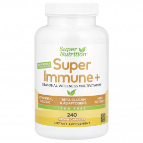 Super Nutrition, Super Immune+, мультивитамины, без железа, 240 растительных капсул - описание | фото