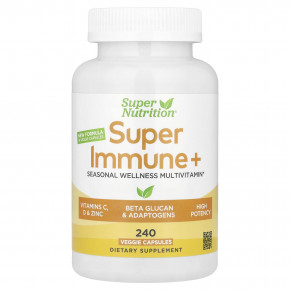 Super Nutrition, Super Immune+, мультивитамины с суперадаптогенами, витаминами C и D, цинком и бета-глюканом, 240 вегетарианских капсул - описание | фото