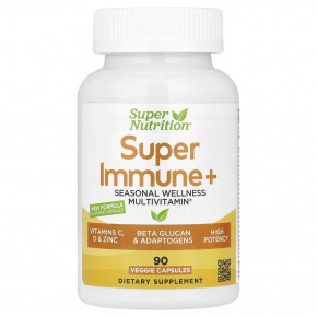 Super Nutrition, Super Immune+, мультивитамины с суперадаптогенами, витаминами C и D, цинком и бета-глюканом, 90 вегетарианских капсул - описание | фото