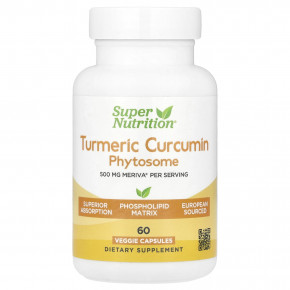 Super Nutrition, Turmeric Curcumin Phytosome Meriva®, фитосомы куркумина из куркумы, 500 мг, 60 растительных капсул - описание