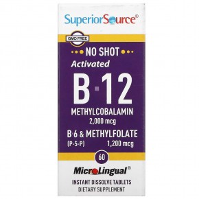 Superior Source, активированный витамин B12 (метилкобаламин), витамин B6 (P-5-P) и метилфолат, 2000 мкг/1200 мкг, 60 таблеток - описание
