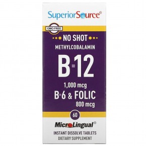 Superior Source, метилкобаламин (витамин B12), витамин  B6 и фолиевая кислота, 60 быстрорастворимых таблеток MicroLingual - описание
