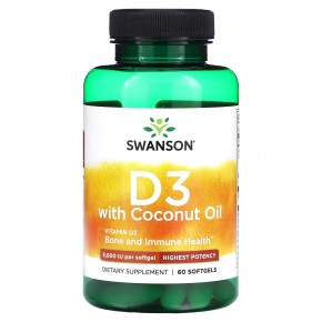 Swanson, D3 с кокосовым маслом, высочайшая эффективность, 5000 МЕ, 60 мягких таблеток в Москве - eco-herb.ru | фото