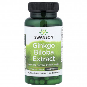 Swanson Vitamins, экстракт гинкго билоба, стандартизированный, 60 мг, 120 капсул - описание | фото