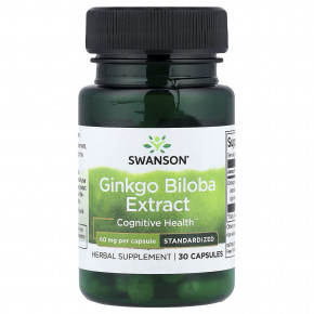 Swanson, экстракт гинкго билоба, стандартизованный, 60 мг, 30 капсул - описание