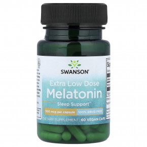 Swanson, мелатонин, сверхнизкая доза, 500 мкг, 60 веганских капсул - описание | фото