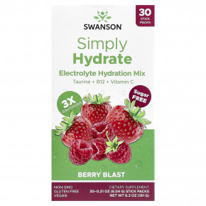 Swanson, Simply Hydrate, смесь для гидратации электролитов, Berry Blast, 30 пакетиков в стиках по 6,04 г (0,21 унции) - описание