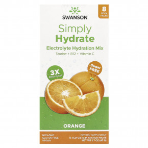Swanson, Simply Hydrate, смесь электролитов для гидратации, апельсин, 8 стик-пакетов по 5,84 г (0,21 унции) - описание | фото