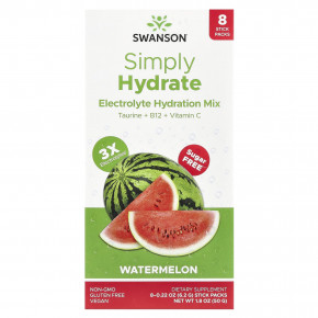 Swanson, Simply Hydrate, смесь электролитов для гидратации, арбуз, 8 стик-пакетов по 6,2 г (0,22 унции) - описание | фото