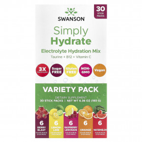 Swanson, Simply Hydrate, смесь электролитов для гидратации, ассорти из 30 стик-пакетов, 180 г (6,36 унции) - описание | фото