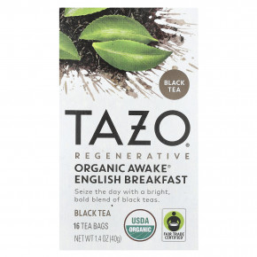 TAZO, Regenerative, черный чай, органический чай для пробуждения, английский завтрак, 16 чайных пакетиков, 40 г (1,4 унции) - описание