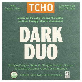 TCHO, Dark Duo, темный шоколад с начинкой из какао и трюфелей, 75% какао-шелухи, 3 плитки по 0,70 унции - подробнее TCHO, Dark Duo, темный шоколад с начинкой из какао и трюфелей, 75% какао-шелухи, 3 плитки по 0,70 унции - описание