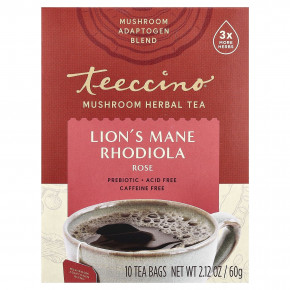 Teeccino, грибной травяной чай, ежовик гребенчатый, родиола, роза, без кофеина, 10 чайных пакетиков, 60 г (2,12 унции) - описание | фото