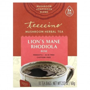 Teeccino, Травяной чай с грибами, львиная грива и родиола, роза, без кофеина, 10 чайных пакетиков, 60 г (2,12 унции) - описание