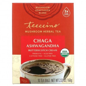 Teeccino, чай из грибов и трав, органическая чага, ашвагандха, «Жидкий ирис», без кофеина, 10 чайных пакетиков, 60 г (2,12 унции) - описание