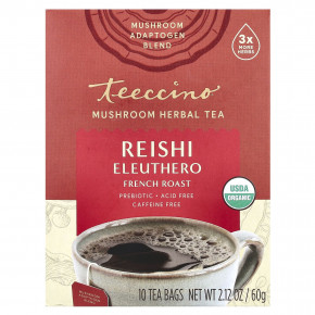 Teeccino, Mushroom Herbal Tea, Reishi Eleuthero, French Roast, Caffeine Free, 10 Tea Bags, 2.12 oz (60 g) - описание