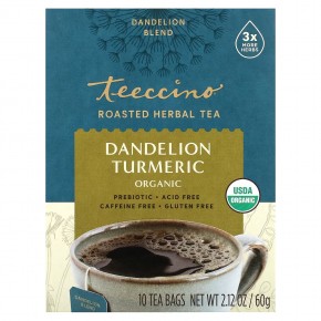Teeccino, Organic Roasted Herbal Tea, Dandelion Turmeric, Caffeine Free, 10 Tea Bags, 2.12 oz (60 g) - описание